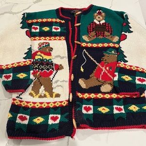 Vintage 80s 90s Beige Teddy Bear Graphic Knitted Embellished Cardigan 12 M